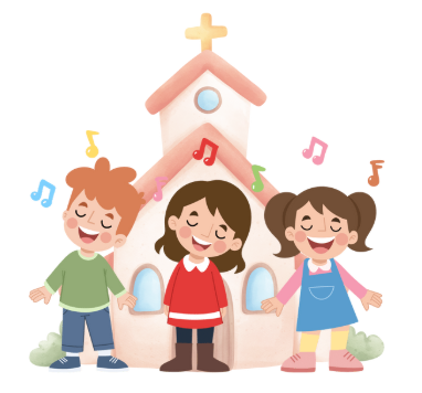 3 children stood in front of a church singing